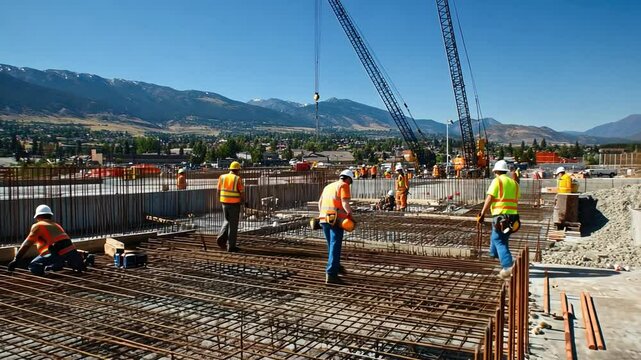 Construction Workers on Site: A team of construction workers diligently laying rebar on a large construction site, mountains in the background.  The image depicts hard work, teamwork.