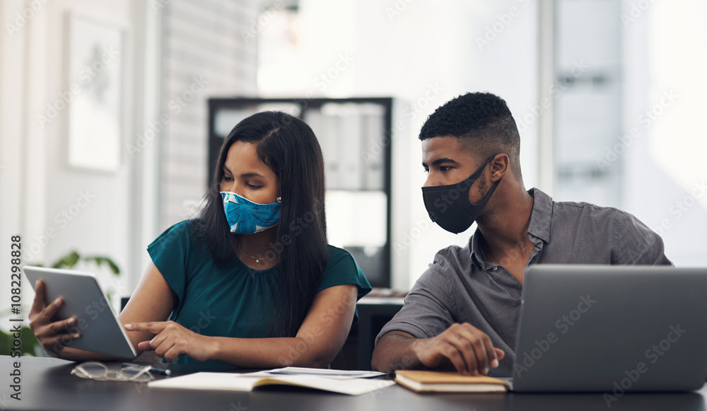 Poster office, face mask and business people with tablet for discussion, planning and solution for software