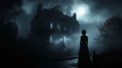 Mysterious figure stands before an eerie Victorian mansion under a full moon at night