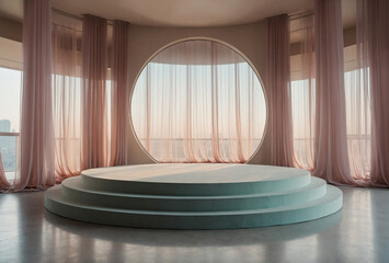 Modern circular podium with sheer, flowing curtains in a pastel color palette