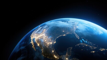 Obraz premium The image showcases North America at night, with vibrant city lights illuminating the land. Surrounding oceans and cloud cover create a beautiful contrast in space