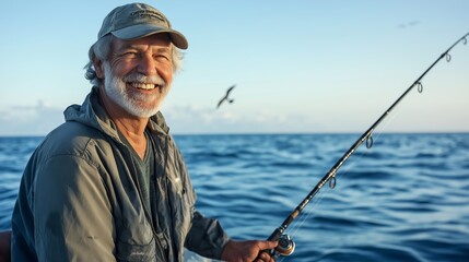Mature man enjoying a peaceful fishing experience at sea on a sunny day