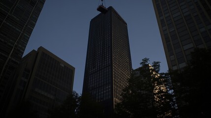 Fototapeta premium A Towering Skyscraper at Dusk Surrounded by Modern Buildings and a Crane in a Vibrant Urban Landscape, Evoking a Sense of Urban Development and Architectural Innovation
