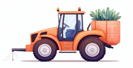 Naklejka premium agrochemical concept, A vibrant orange tractor carrying a large potted plant, showcasing agricultural themes and machinery, perfect for farm-related visuals.