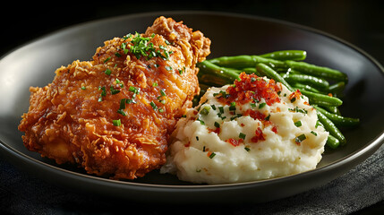 Crispy Fried Chicken with Mashed Potatoes and Green Beans -  Food Photography