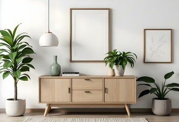 A modern living room with a wooden sideboard, a large framed wall art, and various potted plants