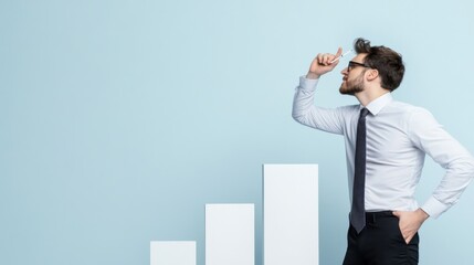 Fototapeta premium A business professional stands confidently in a stylish office, contemplating strategies for success while pointing at a growth chart on the wall
