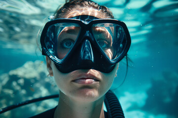 Naklejka premium Professional diver exploring underwater life world flora fauna, Generative AI