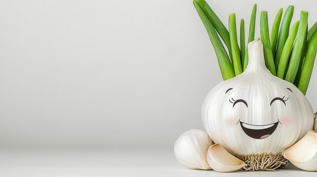 Joyful garlic character with sprouting leaves studio food photography minimalist close-up whimsical vibe