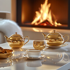 luxurious golden tea set is elegantly arranged on table, with cozy fireplace in background, creating warm and inviting atmosphere