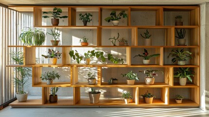 Modern Wooden Shelf with Various Indoor Plants