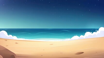 Serene Coastal Scene with Gentle Waves, Sandy Beach, and Starry Sky Imagery Perfect for Relaxation, Vacation, and Summer Themed Projects