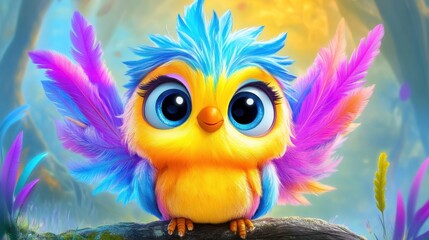 Obraz premium Colorful cartoon parrot in a magical forest digital art vibrant environment whimsical viewpoint creative concept