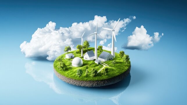 This innovative model showcases a sustainable energy farm featuring wind turbines, green fields, and modern buildings on a floating island amidst clouds