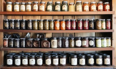 A shelf displaying various jars of preserves and condiments in an organized manner.