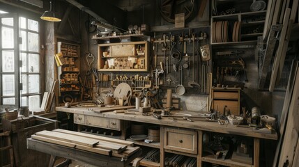 A detailed carpentry workshop with tools and wood, Workbench and crafted wooden items neatly displayed, Rustic craft style
