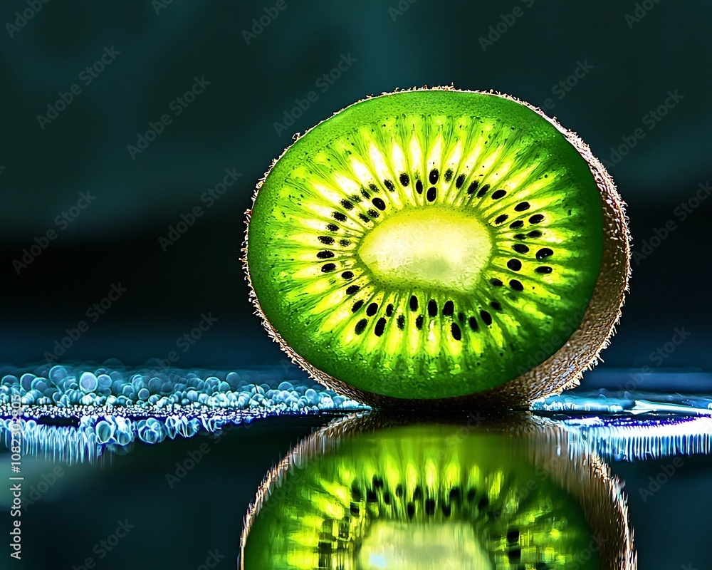 Poster sliced kiwi fruit reflecting on surface with illuminated green flesh and seed pattern