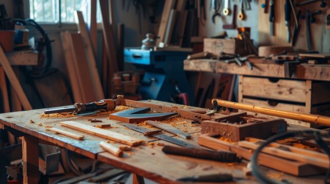 A detailed carpentry workshop with tools and wood, Workbench and crafted wooden items neatly displayed, Rustic craft style