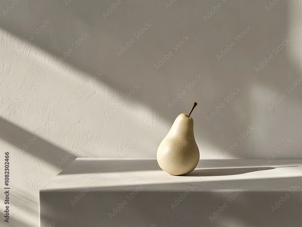 Poster delicately balanced pear on tabletop casting soft shadow in minimalist elegant scene