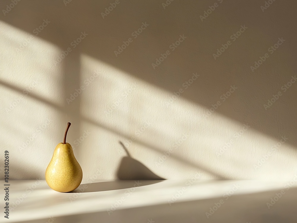 Poster minimalist pear balanced on table edge with soft dramatic shadows in evening light