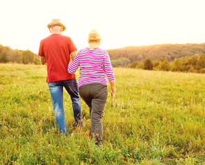 woman man outdoor senior couple happy lifestyle retirement together smiling love old nature mature back view walking future hope happy holding hands