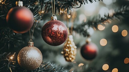 Fototapeta premium A close-up of elegant gold and red baubles hanging from a tree, surrounded by tinsel and holiday lights