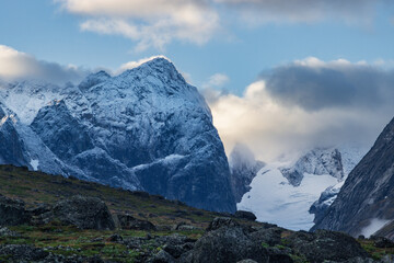 View of Ulamertorsuaq mountain and the view of surrounding mountains and glaciers in Tasermiut...