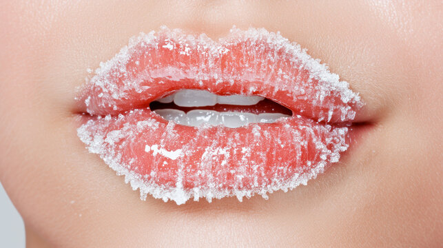 Woman's lips covered with sugar crystals close-up