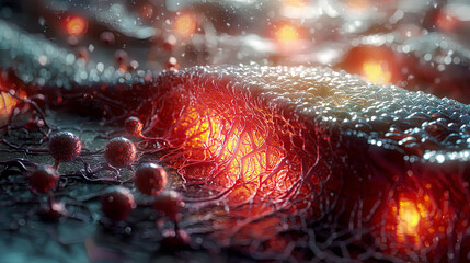 Photorealistic scene of bio-ink forming vascular tissue, intricate cell layers, glowing advanced biolab 