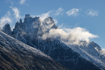 View of Ulamertorsuaq mountain and the view of surrounding mountains and glaciers in Tasermiut fjord (South Greenland)