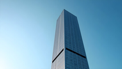 A tall glass skyscraper reaches up to the sky, showcasing modern architecture and reflecting sunlight against a clear blue backdrop