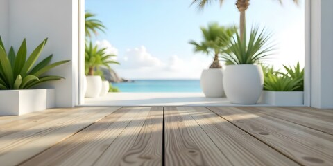 Fototapeta premium Wooden deck overlooking a calm ocean with palm trees and potted plants in the background
