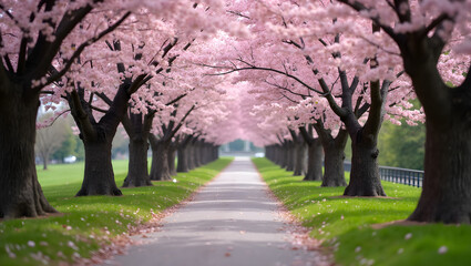 Obraz premium A beautiful pathway lined with cherry blossom trees creates a serene and picturesque scene, inviting peaceful strolls during springtime