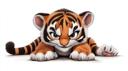 Fototapeta premium Playful cartoon tiger cub studio setting illustration art bright white background close-up view adorable character design
