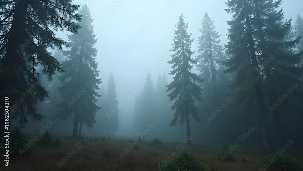 Poster misty forest landscape with tall evergreen trees surrounded by fog creating a serene and mysterious 