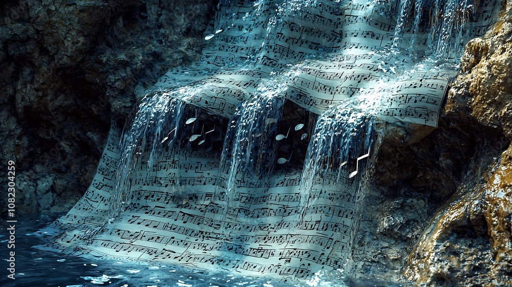 Poster harmonious waterfall of cascading musical notes flowing from a cliff with a scenic landscape backgro