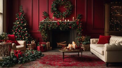 A festive living room decorated in gold and red, with garlands, wreaths, and candles accentuating the Christmas spirit