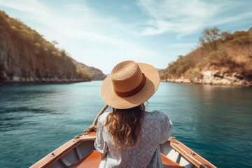 Image of young woman sailing on boat on summer vacation generative AI illustration