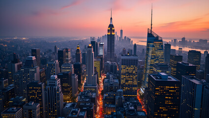 Obraz premium A stunning aerial view of a vibrant city skyline at dusk showcasing iconic skyscrapers illuminated against a colorful sky and a bustling urban landscape