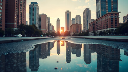 Naklejka premium Golden sunlight reflects on a puddle in the urban landscape showcasing tall buildings and a serene road at sunset