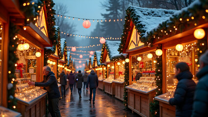 A festive winter market bustling with people exploring charming wooden stalls adorned with twinkling lights and decorations creating a magical holiday atmosphere