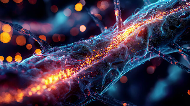 Photorealistic scene of bio-printed muscle fibers, intricate cell layers, glowing advanced medical technology 