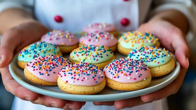 Deliciously decorated cookies with colorful icing and sprinkles on a plate, served by a person in a kitchen setting
