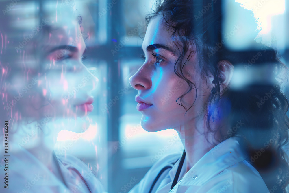 Poster a double exposure image of a worker in laboratory generative ai