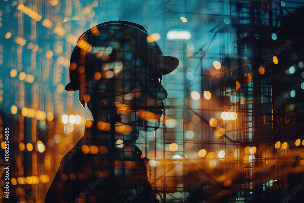 Aufkleber side view portrait illustrating future architecture technology generative ai