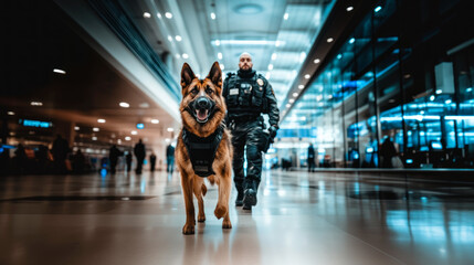 Police officer running with K9 dog at the airport or railway station
