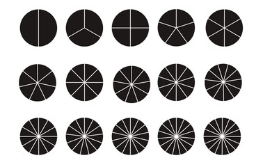 Circular chart, pie or pizza slice icon. Wheel division into fractions, shape sectors. Vector black illustrations