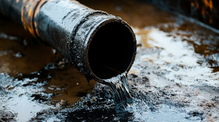 Pipe with black liquid coming from it, environmental pollution