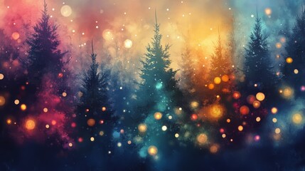 Magical forest with christmas trees and glowing lights. Abstract, colorful christmas card in watercolor style. Holiday card landscape background backdrop wallpaper with copy space.