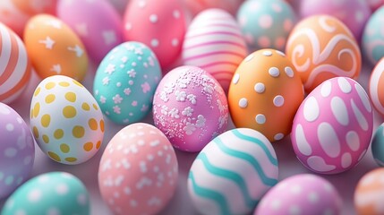 Fototapeta premium Colorful Easter Eggs in a Festive Arrangement with Bright Pastel Hues and Varied Textures, Perfect for Easter Celebrations, Spring Themes, and Holiday Decorations, Evoking a Playful